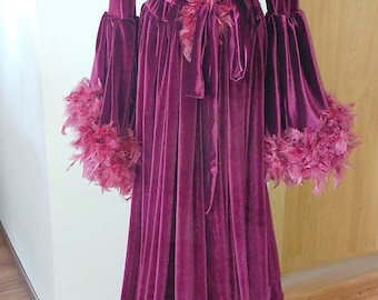 Grape purple Velvet Feathers Robe, Feathers Dressing Gown, Burlesque Stage Burgundy Dress