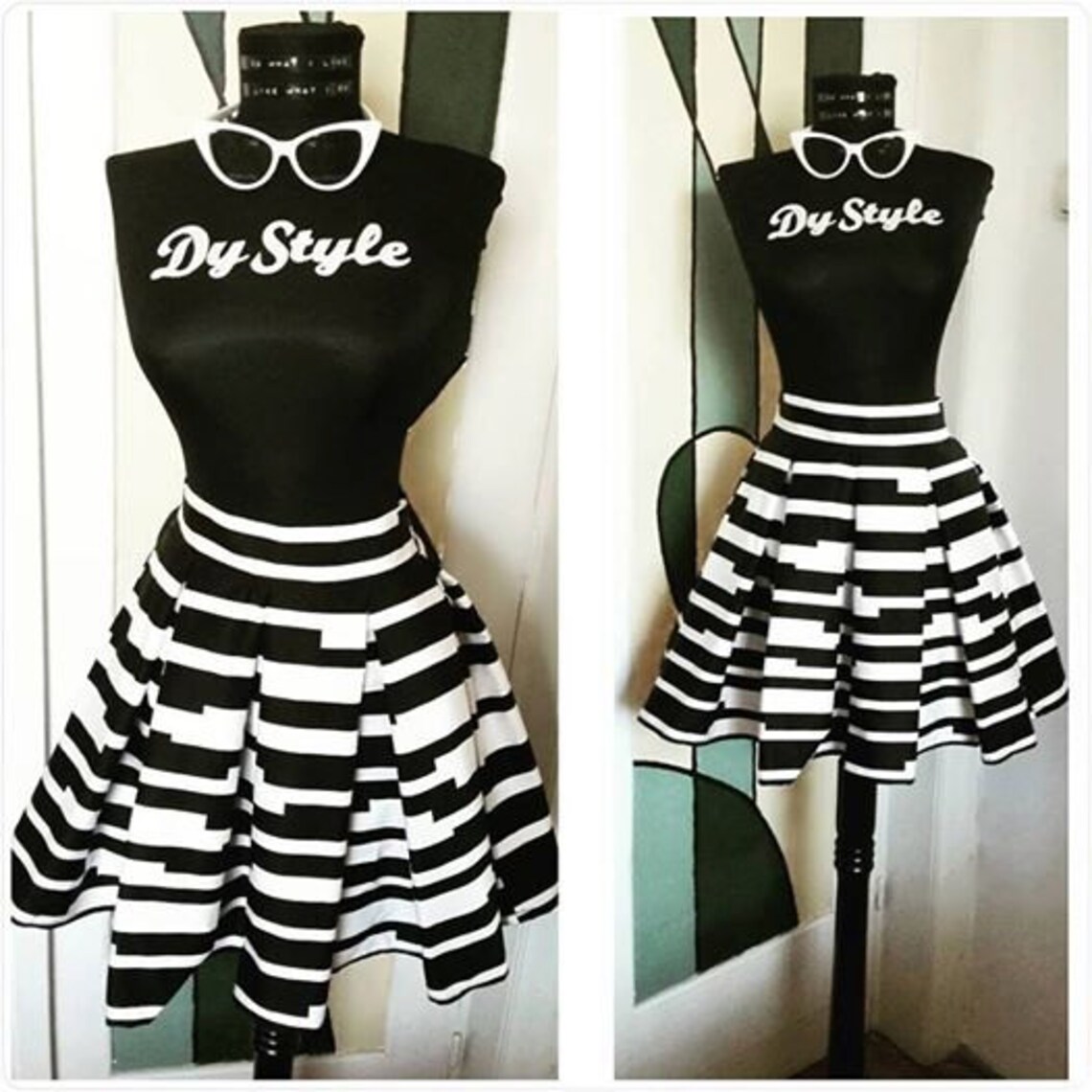Short Pleated Black and White Stripes Skirt With Pockets Etsy