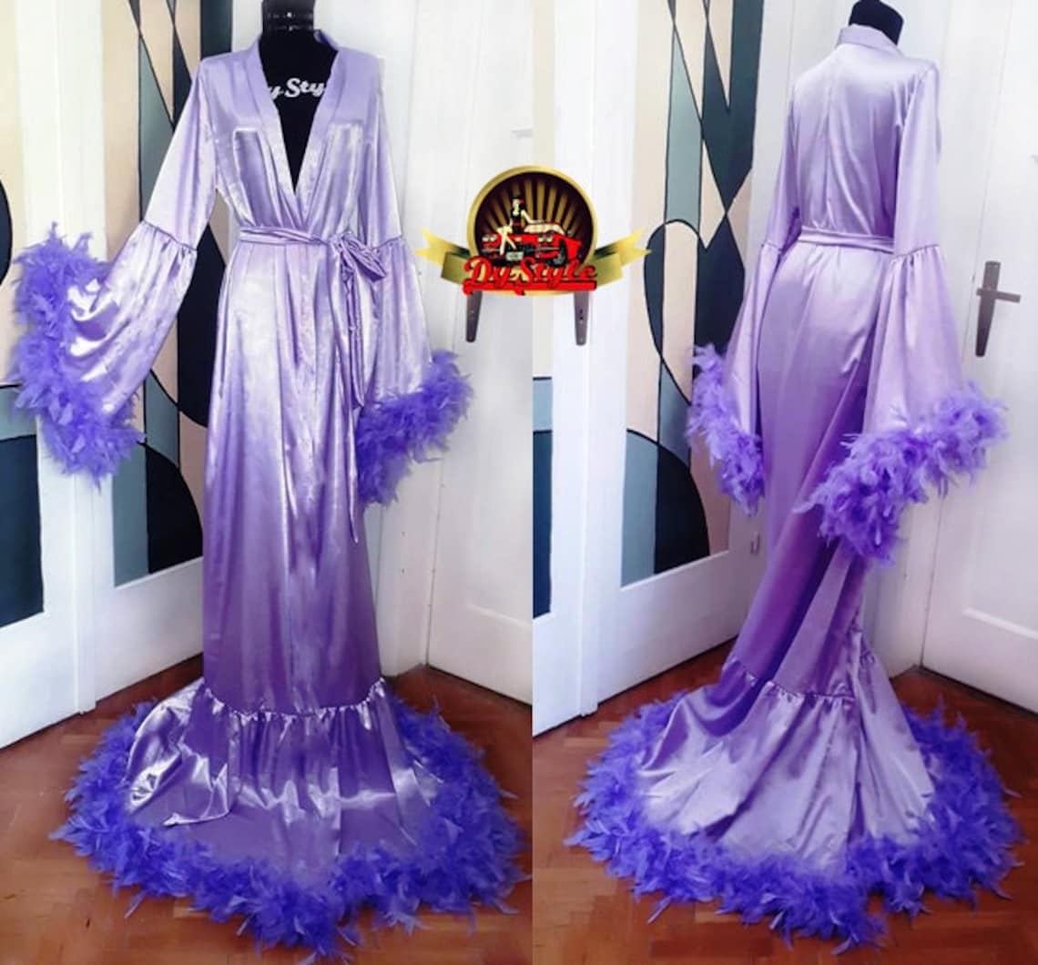 Blue Feathers Robe, Satin Boa Dressing Gown, Blue Custom Plus Size ...
