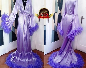 Lavender Big Feathers Robe, Stage Purple Dressing Gown, Satin Dressing Gown