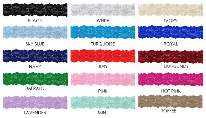 Puede incluir: Una colecci&oacute;n de 15 encajes en varios colores, incluyendo negro, blanco, marfil, azul cielo, turquesa, azul real, azul marino, rojo, burdeos, esmeralda, rosa, rosa fuerte, lavanda, menta y caramelo.
