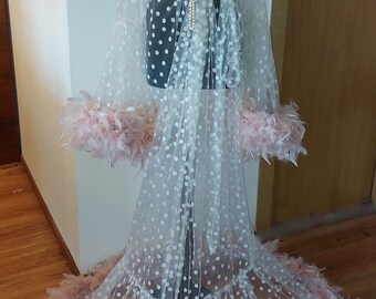 Amazing Bride To Be Dressing Gown, White Polka Dots Feathers Tulle Robe, White Sexy Lingerie, Plus size robe