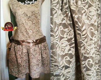 Crema y marrón hecho a medida 20s Flapper más tamaño encaje vestido