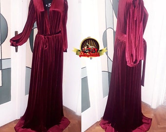 Burgundy  Balloon Sleeves Velvet Dressing Gown, Velour Dress