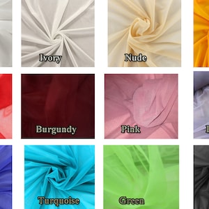 Op de afbeelding: Een verzameling van 12 verschillende kleuren van doorschijnende stof. De stof wordt getoond in verschillende vouwen en draperingen. De kleuren zijn: wit, ivoor, nude, oranje, rood, bordeaux, roze, lavendel, koninklijk blauw, turquoise, groen en zwart.