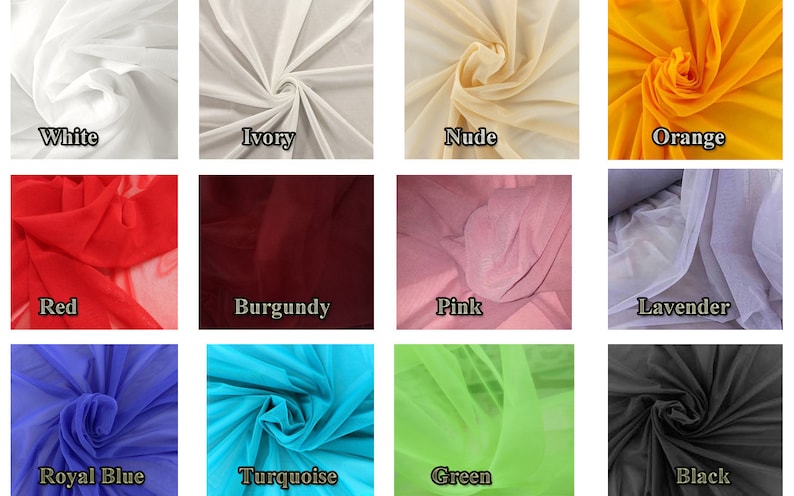 Op de afbeelding: Een verzameling van 12 verschillende kleuren van doorschijnende stof. De stof wordt getoond in verschillende vouwen en draperingen. De kleuren zijn: wit, ivoor, nude, oranje, rood, bordeaux, roze, lavendel, koninklijk blauw, turquoise, groen en zwart.