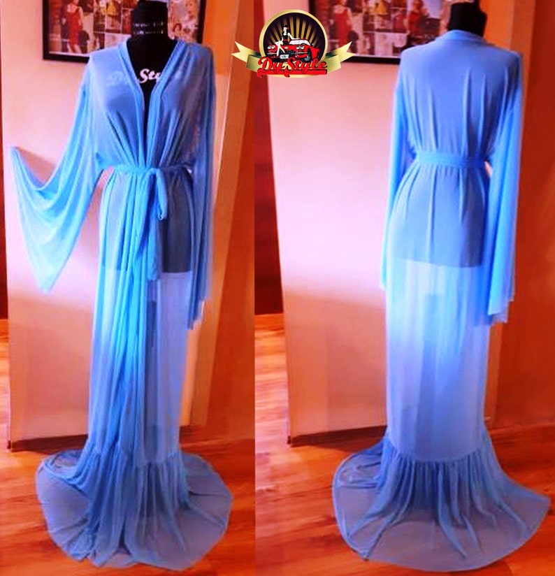 Chiffon Blue See Through Duster Robe Beach Dress image 3