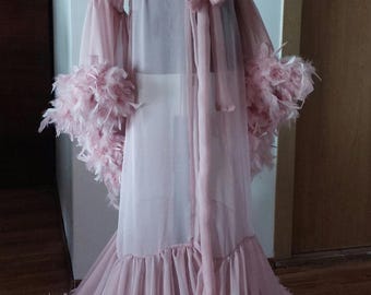 Luxus Naturseide Feder Robe | Morgenmantel aus 100% Seide | Handgemachte Braut Boudoir Robe | Benutzerdefinierte Farbe erhältlich