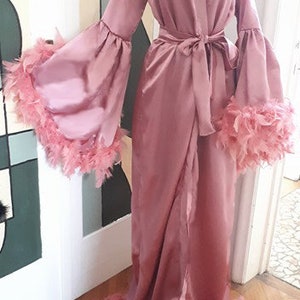 Dusty Pink Silky Satin Dressing Gown, Feathers Stage Dress Robe, Bridal Lingerie, Burlesque Feathers Kimono Dressing Gown image 2