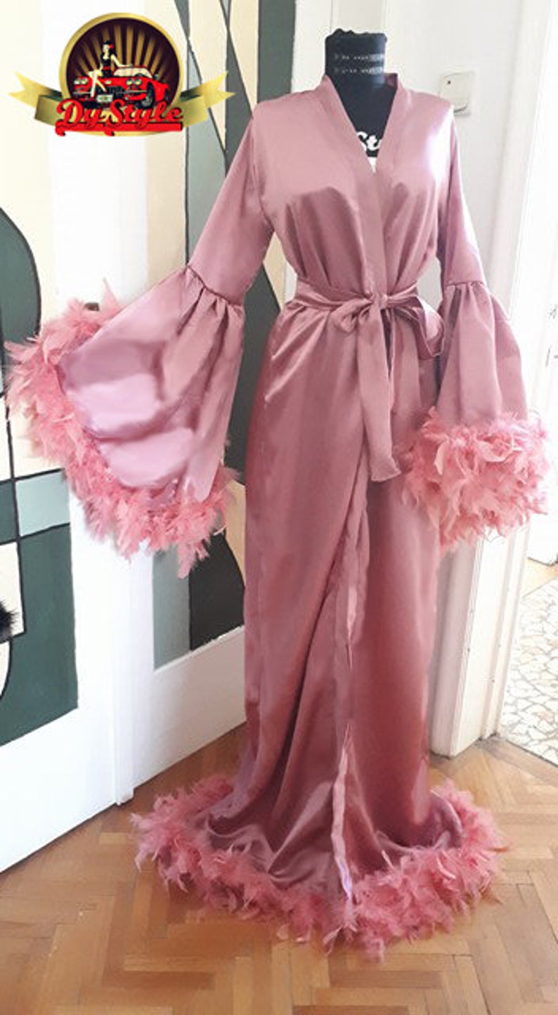 Dusty Pink Silky Satin Dressing Gown, Feathers Stage Dress Robe, Bridal Lingerie, Burlesque Feathers Kimono Dressing Gown image 2