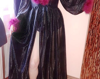 Luxury Black Tulle Feather Robe, Elegant Bell Sleeves