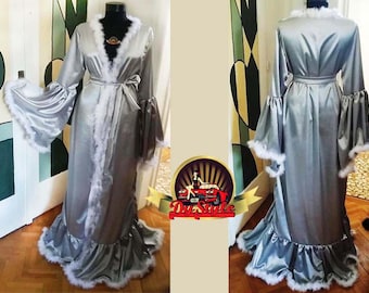 Silver Satin Dressing Gown, Vintage Style Silver Marabou Feather Gown, Silver and White Bride Dressing Gown, Satin Starlet Dressing Gown
