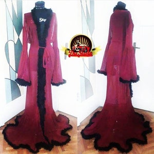 Burgundy Feathers Dressing Gown, Wine Red Marabou Sexy Feather Robe, Burlesque Feathers Starge Dress, Sheer Feather Kimono