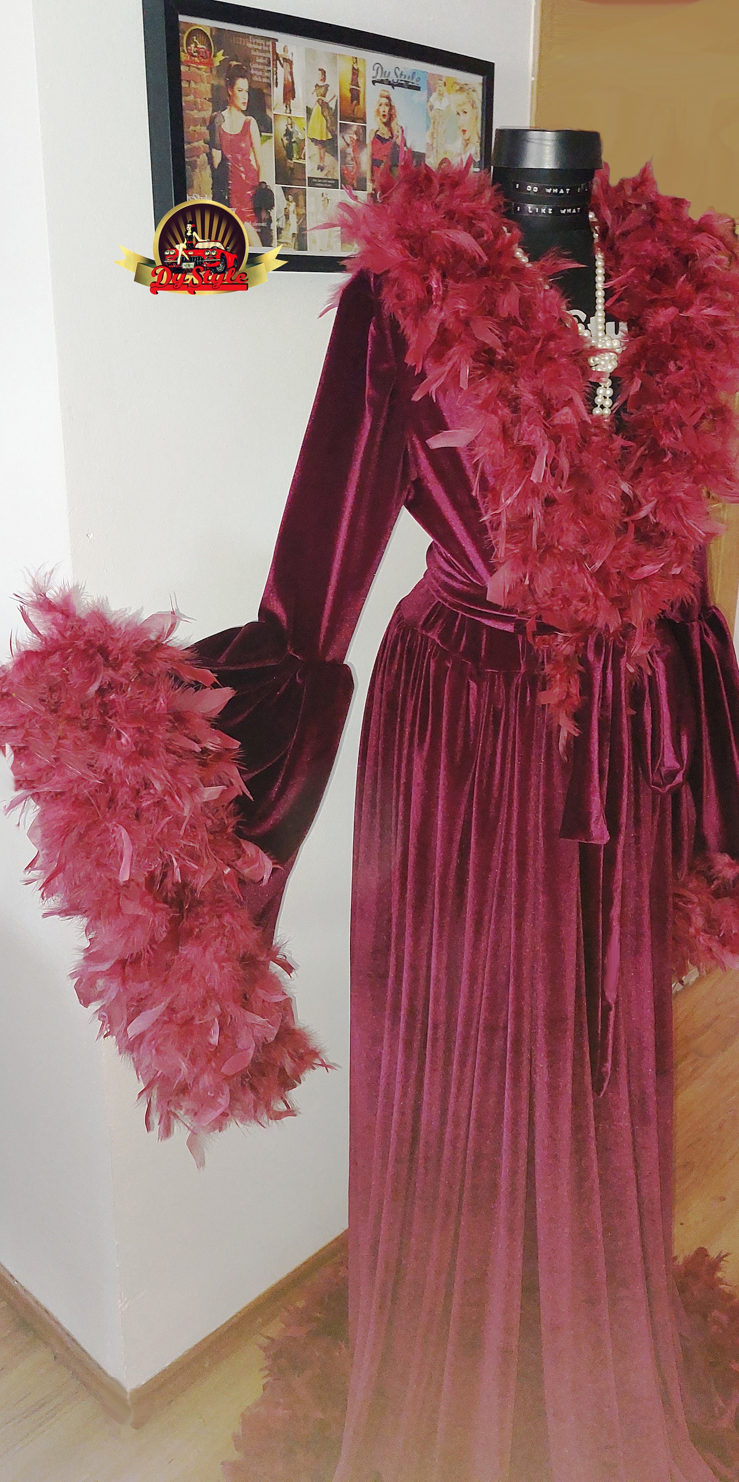 Grape Purple Velvet Feathers Robe, Feathers Dressing Gown, Burlesque ...