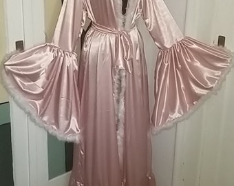 Pearl Pink Satin Feathers Robe/ Bridal Feathers Robe/ Pink Kimono/ Maxi Silky Satin Robe/ Getting Ready Robe/ Bridal Dressing Gown