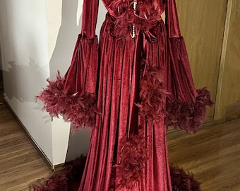 Velvet Feathers Robe, Wine Red Dressing Gown, Burgundy Burlesque Stage,  Burgundy Dress