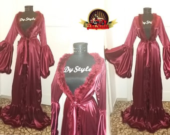 Burgundy Dressing Gown, Satin Sexy Wine Lingerie Robe, Marabou Feather Gown, Bride Dressing Gown, Burlesque Dressing Gown