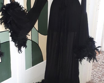 Black Tulle Feather Robe, Burlesque Lingerie, Custom Dressing Gown