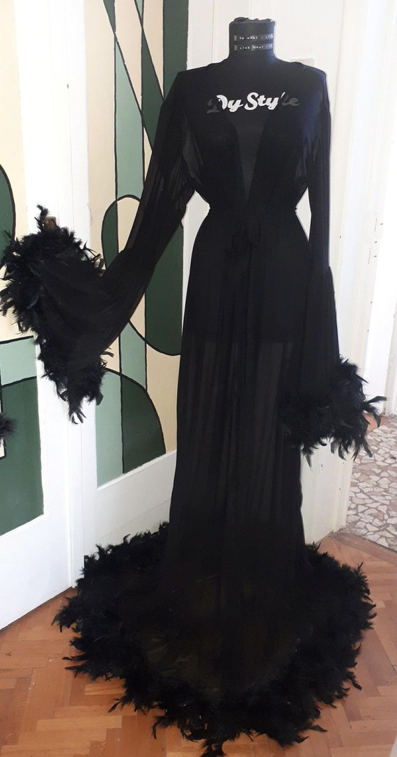 sheer burlesque dressing gown Black Long Ostrich Feather Dressing Gown, Sexy tulle Lingerie, Ostrich feather robe, See through sheer robe, Gift Idea boudoir pin up luxury