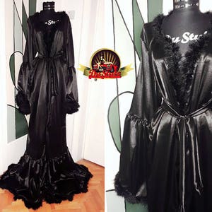 Black Silky Satin Dressing Gown, Vintage Style Marabou Feather Dressing Gown, Black Feathers Plus Size Custom Dressing Gown