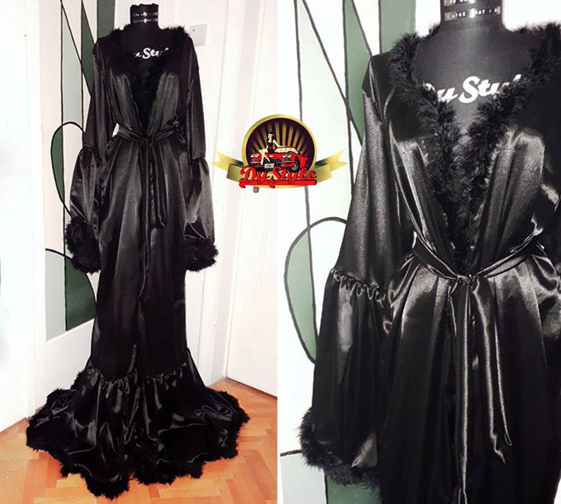 Black Silky Satin Dressing Gown, Vintage Style Marabou Feather Dressing Gown, Black Feathers Plus Size Custom Dressing Gown image 1