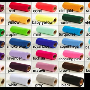 May include: A chart of 24 rolls of tulle fabric in various colors, including wine, red, coral, old gold, orange, peach, yellow, baby yellow, hunter, old willow, kelly, apple, mint, turquoise, aqua, navy, smoke blue, royal blue, copenhagen, baby blue, purple, lavender, fuchsia, shocking pink, pink, baby pink, plum, mauve, brown, beige, ivory, white, gray, and black.