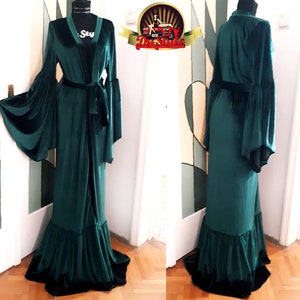 Custom Made Green Velvet Robe, Bell Sleeves Duster Gown