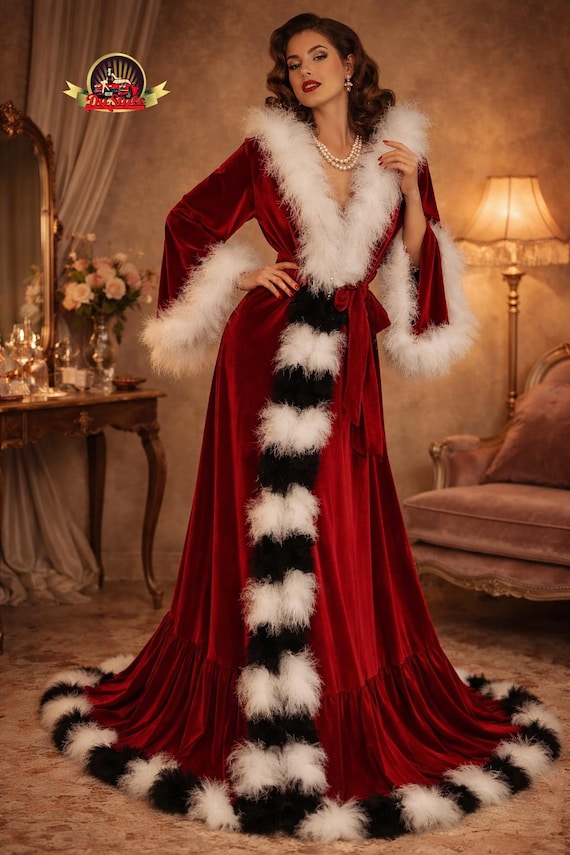 Luxury Burgundy Velvet Robe with Black & White Feathers - Old Hollywood Glam Diva Dressing Gown