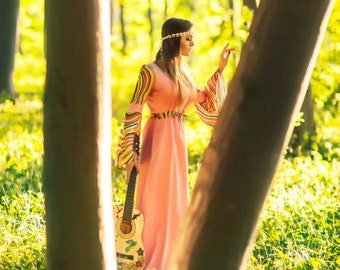 Bell Sleeve Pink Cotton Maxi Dress - 1970s Style Boho Wedding