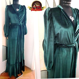 Velvet Green Puffy Balloon Sleeve Robe Dress