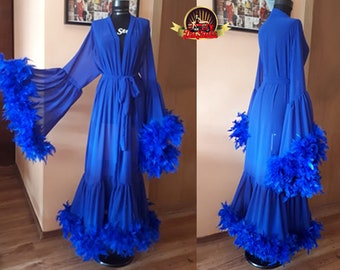 Blue Glamorous Big Feathers Romantic Peignoir Robe Gown