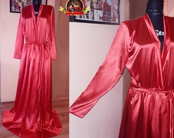 Red Silky Satin Dressing Gown Vintage Style Sleepwear Long Satin Robe