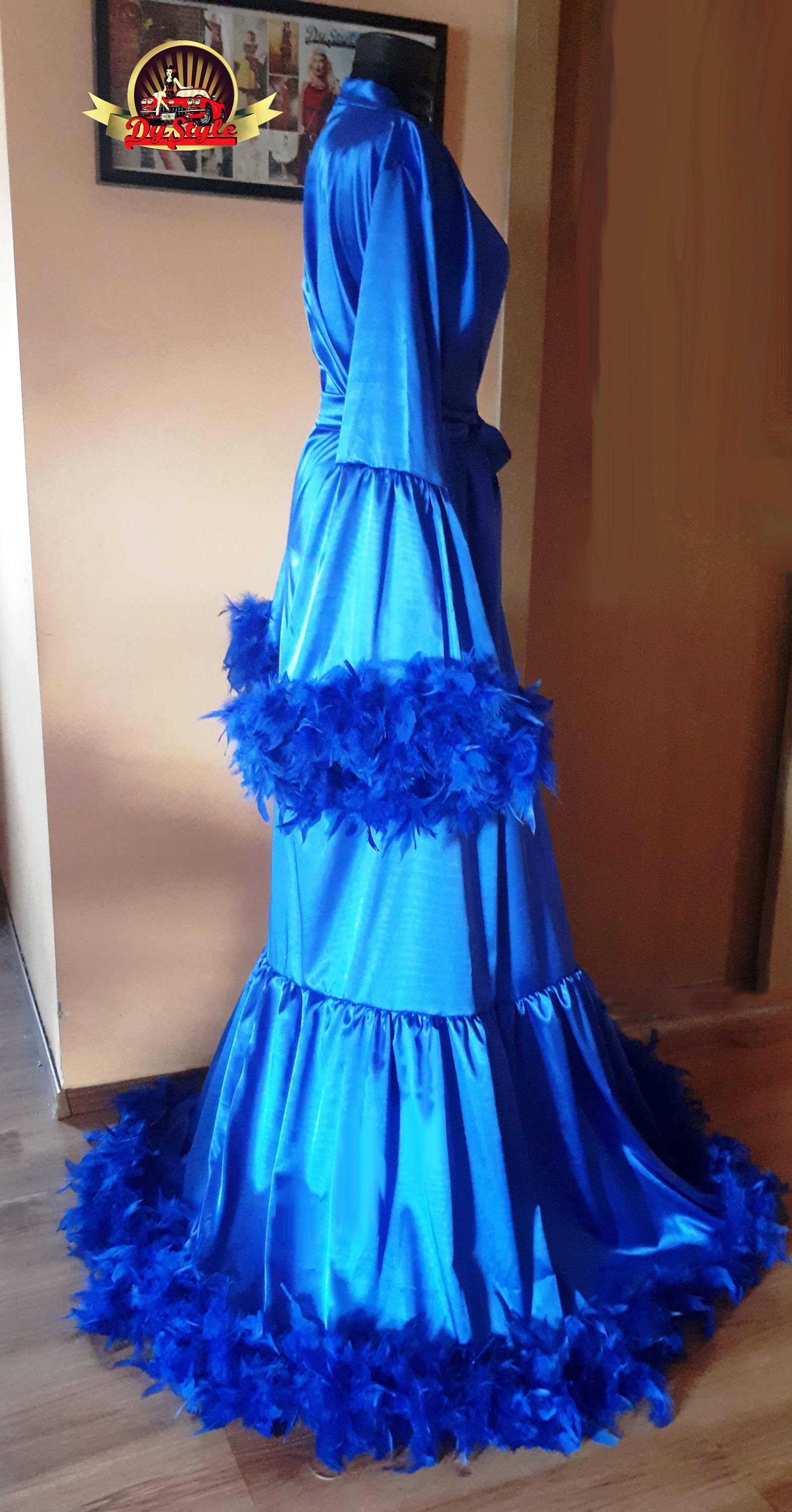 Blue Feathers Robe, Satin Boa Dressing Gown, Blue Custom Plus Size ...