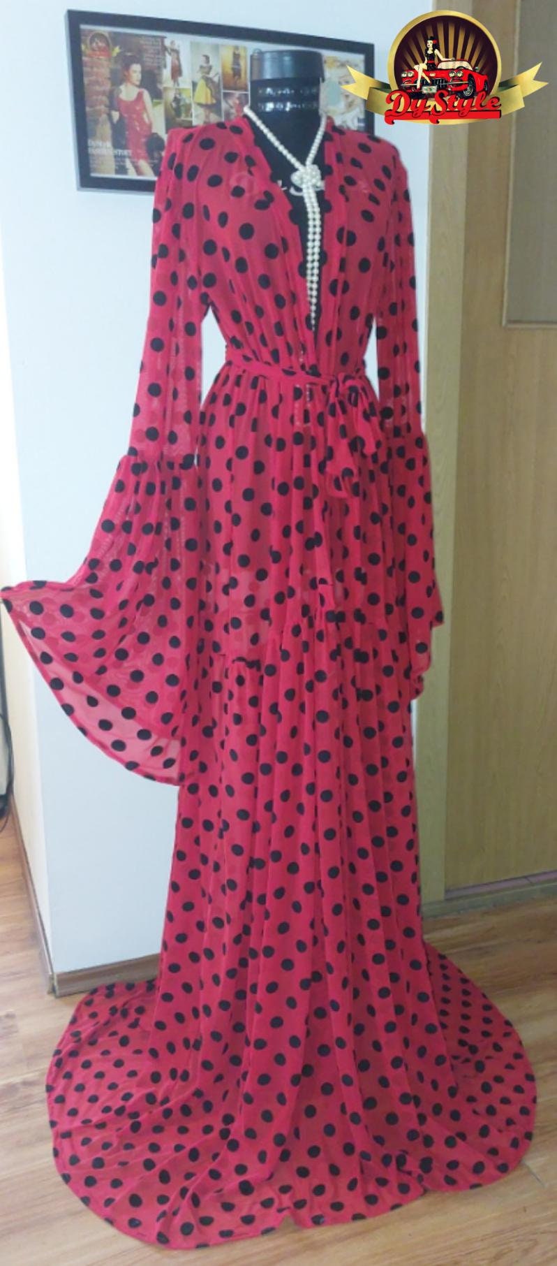 Black and red polka dots dressing gown, Dots beach dress, tulle stage dress, Black and red polka dots kimono
