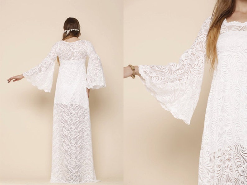 Boho Lace Wedding Dress, Bell Sleeves Dress, Plus Size Wedding Dress, 70s Lace Dress image 3