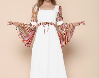 Boho Bell Sleeve Wedding Dress, Custom Made Cotton Dress