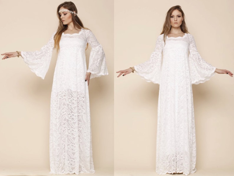 Boho Lace Wedding Dress, Bell Sleeves Dress, Plus Size Wedding Dress, 70s Lace Dress image 2