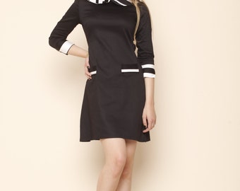 Black A-line Dress With White Round Peter Pan Collar Vintage 60s MOD Style Mini Dress Wednesday Addams Dress