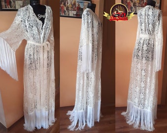 Fringe and Lace Boho Robe, Festival Dress, Lace 70s Robe