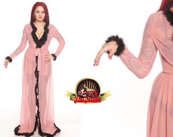 Pink Chiffon Marabou Feather Robe, Custom Made Burlesque Gown