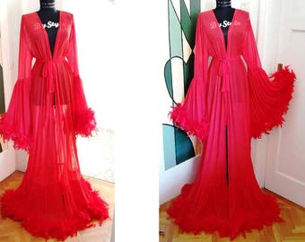 Red Dressing Gown, Feathers Burlesque Robe, Red Dressing Gown, Tulle Stage Dress