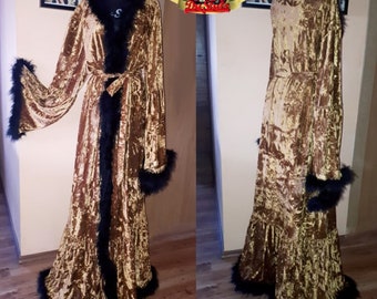 Gold Velour with Black Marabou 28 gr Feather Dressing Gown, Velvet Robe Kimono