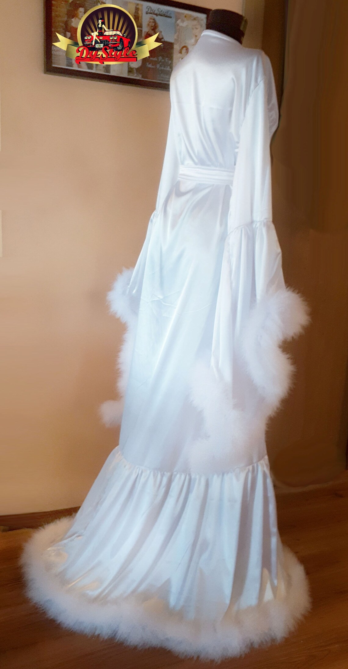 white silk robe with feathers