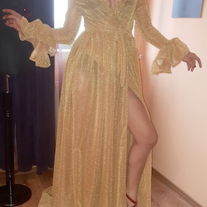 Gold Sparkling Tulle Princess Ruffle Frill Sleeves Vintage Romantic Sheer Robe Dress