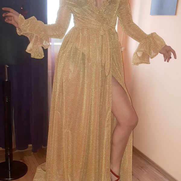 Gold Sparkling Tulle Princess Ruffle Frill Sleeves Vintage Romantic Sheer Robe Dress
