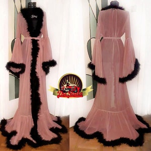 Pink Fluffy Black Marabou Feathers Sheer Chiffon Robe Kimono