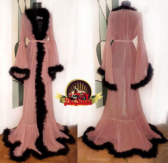 Pink Fluffy Black Marabou Feathers Sheer Chiffon Robe Kimono -  Canada