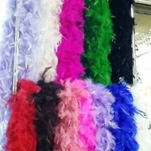 Puede incluir: Surtido de boas de plumas de colores en varios colores, incluyendo blanco, rosa, morado, rojo, negro y verde. Las boas est&aacute;n dispuestas verticalmente en un estante.