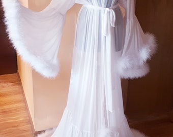 White Bride Robe, Bridal White Kimono, Bridal Feathers Robe, See Through White Getting Ready Robe