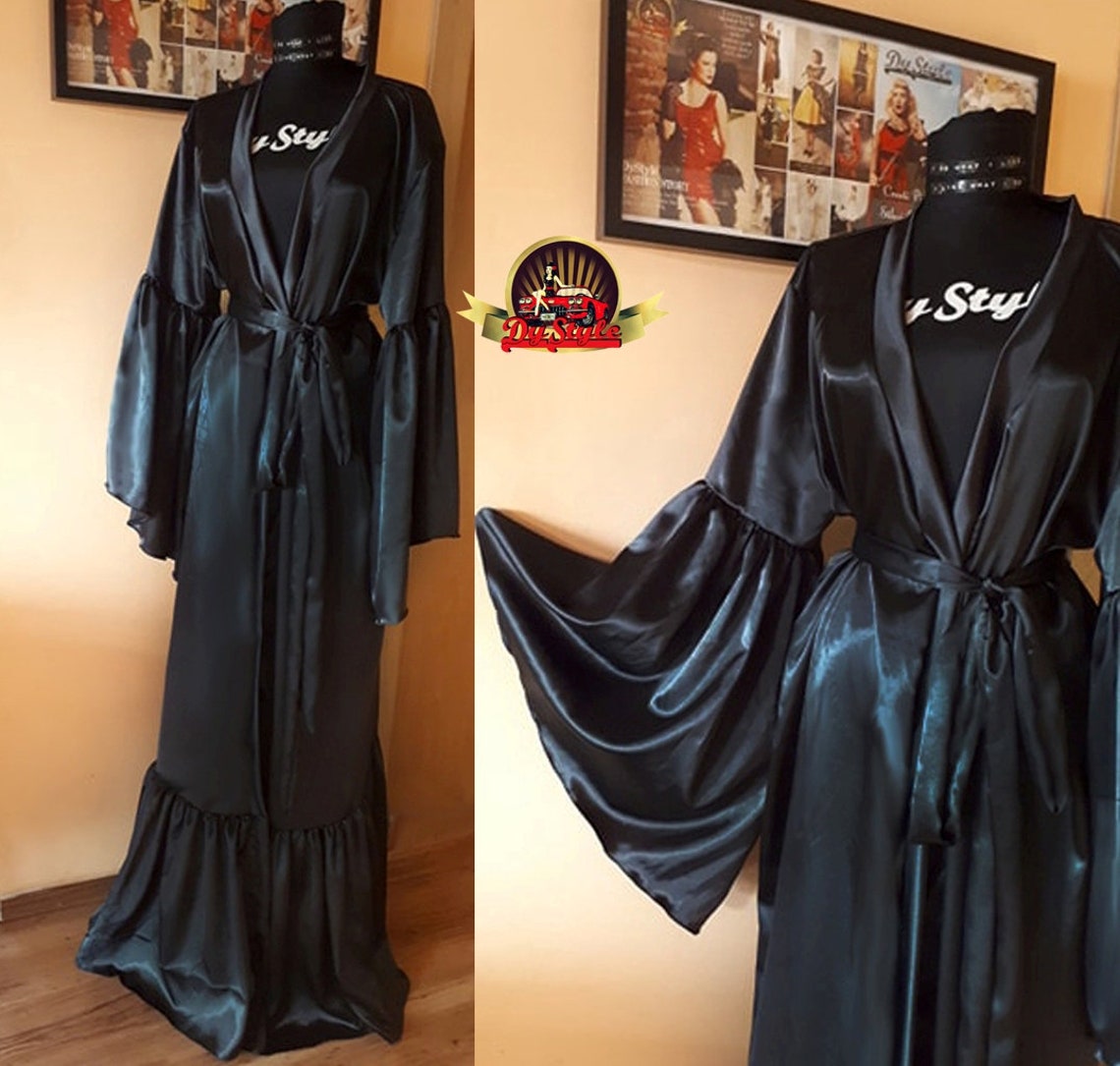 Black Silky Satin With Bell Sleeves Robe/dress - Etsy